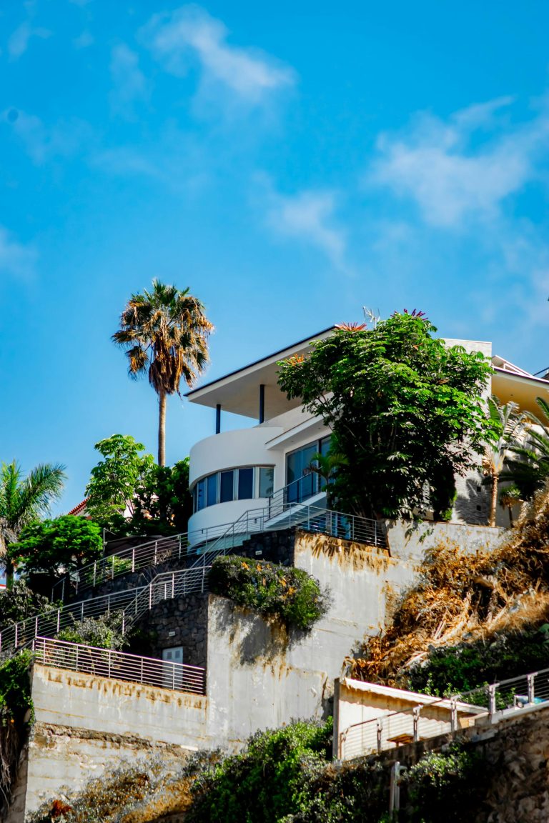 Elegant villa on a Spanish hillside surrounded by palm trees and lush greenery.